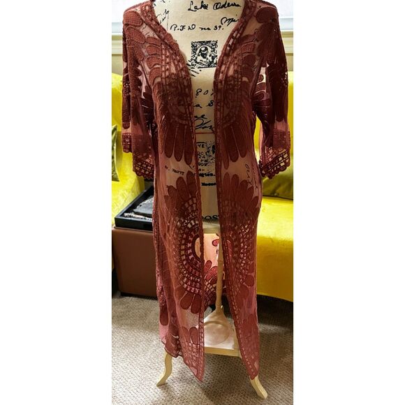 Duster Cardigan Dusty Rose Size L Embroidered Boho Hippie by Rebellion Again - Picture 1 of 7